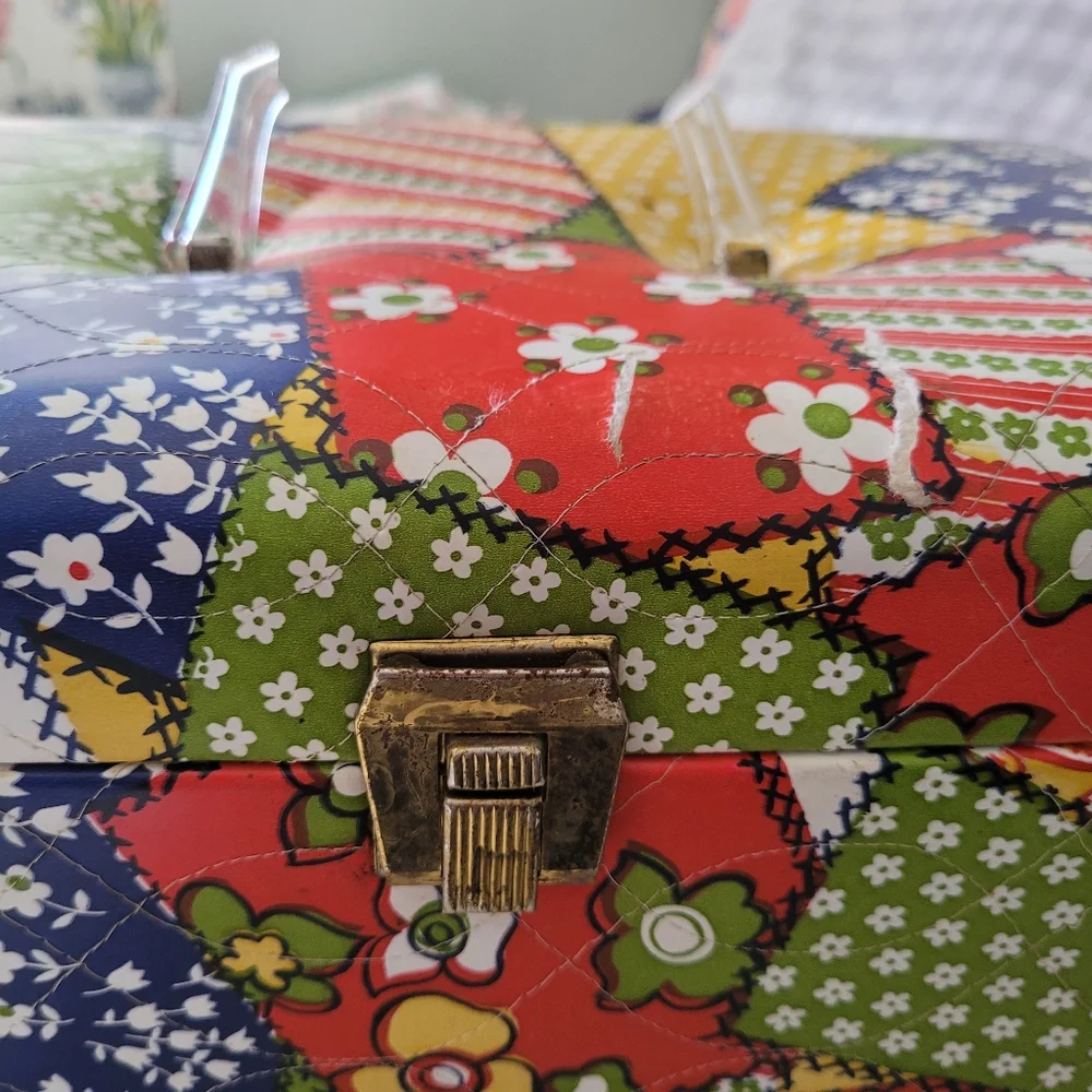Vintage 1970's Patchwork Floral Sewing Train Case Storage Faux Quilted